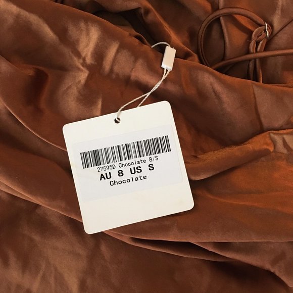 NWT SELFIE LESLIE WELL VERSED Pleated Bust Chocolate Satin Front Slit Dress - Picture 5 of 7